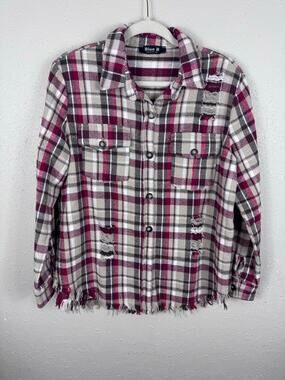 Blue B Collection Distressed Plaid Shirt Womens Size Small